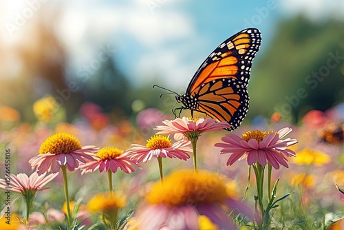 Monarch butterfly on pink daisy in a field of flowers. Perfect for illustrating nature, beauty, and springtime themes. photo