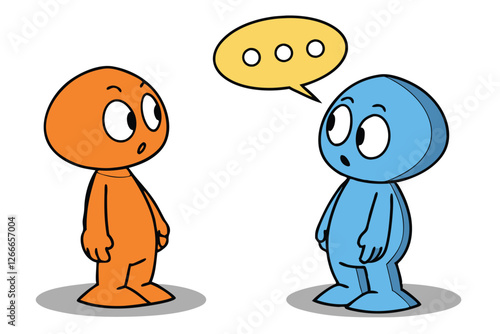  A simple, 3D-rendered illustration of two cartoon-style characters with round heads and no facial features, one orange and one blue, standing on round bases. The orange character is on the left, an