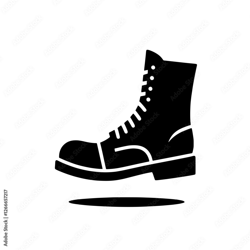 Strong Work Boots Icon: A sturdy and stylish work boot, depicted in a minimalist black and white icon style, perfect for various applications. Strong Work Boots Icon: A sturdy and stylish work boot, depicted in a minimalist black and white icon style, perfect for various applications.