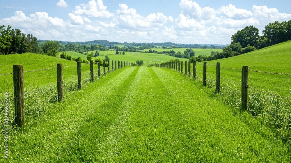 Fototapeta premium Mowed green grass path lined with wooden fence posts leading down a rolling hill in the countryside.