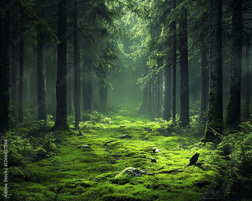 Obraz premium Magical forest with mosscovered trees, soft green light reflecting through the mist, creating a serene and otherworldly atmosphere, high definition