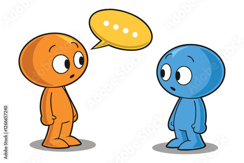  A simple, 3D-rendered illustration of two cartoon-style characters with round heads and no facial features, one orange and one blue, standing on round bases. The orange character is on the left, an