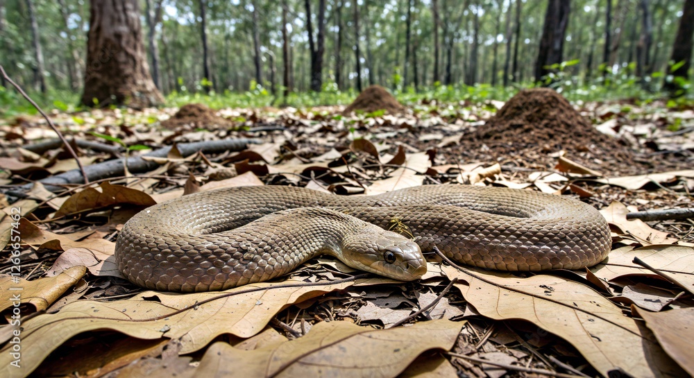 An Eastern Brown Snake Lying Motionless Among Fallen Leaves in an Australian Woodland Clearing An Eastern Brown Snake Lying Motionless Among Fallen Leaves in an Australian Woodland Clearing