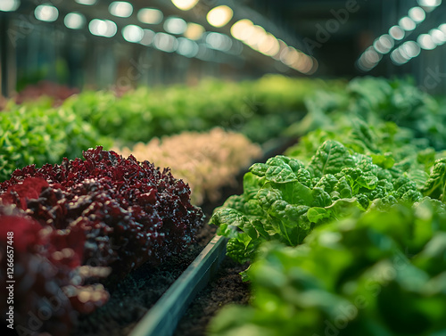 Indoor hydroponic lettuce farm, rows of fresh green and red lettuce plants in a controlled environment. Growing food photo