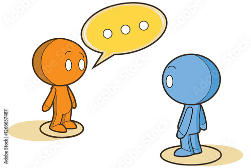  A simple, 3D-rendered illustration of two cartoon-style characters with round heads and no facial features, one orange and one blue, standing on round bases. The orange character is on the left, an