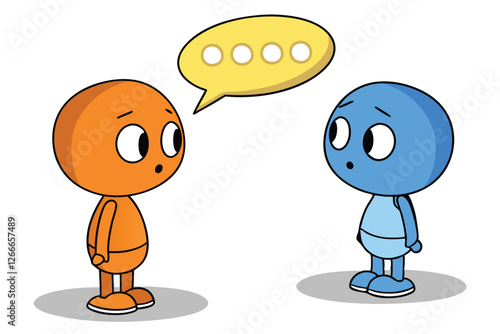  A simple, 3D-rendered illustration of two cartoon-style characters with round heads and no facial features, one orange and one blue, standing on round bases. The orange character is on the left, an