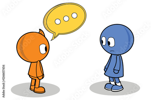  A simple, 3D-rendered illustration of two cartoon-style characters with round heads and no facial features, one orange and one blue, standing on round bases. The orange character is on the left, an