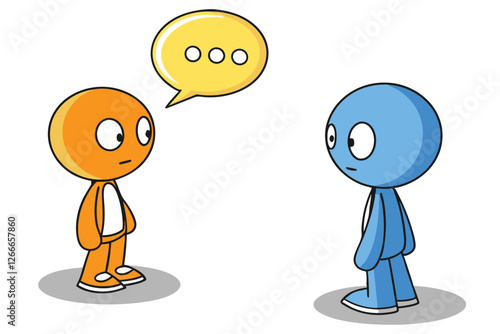  A simple, 3D-rendered illustration of two cartoon-style characters with round heads and no facial features, one orange and one blue, standing on round bases. The orange character is on the left, an