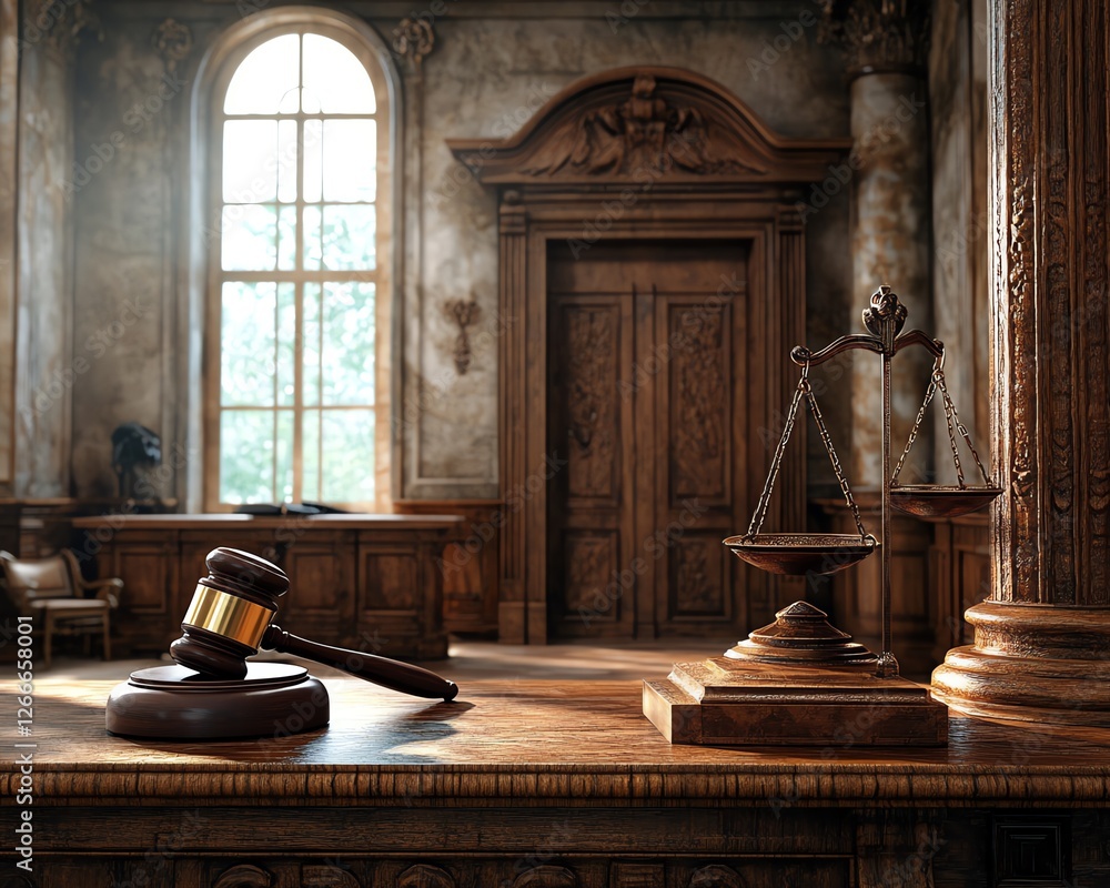 A realistic scene of a courtroom featuring a gavel and scales of justice as focal points, rich textures, dramatic lighting, perfect for law themes, copy space A realistic scene of a courtroom featuring a gavel and scales of justice as focal points, rich textures, dramatic lighting, perfect for law themes, copy space