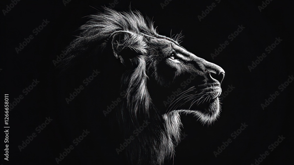 Majestic lion profile, dark background, wildlife art, print Majestic lion profile, dark background, wildlife art, print