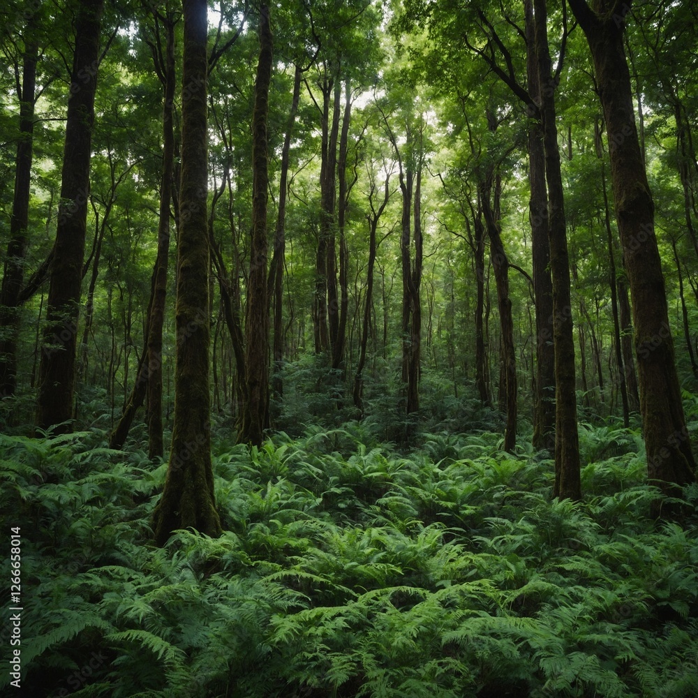 A lush green forest with tall trees forming a natural canopy. A lush green forest with tall trees forming a natural canopy.