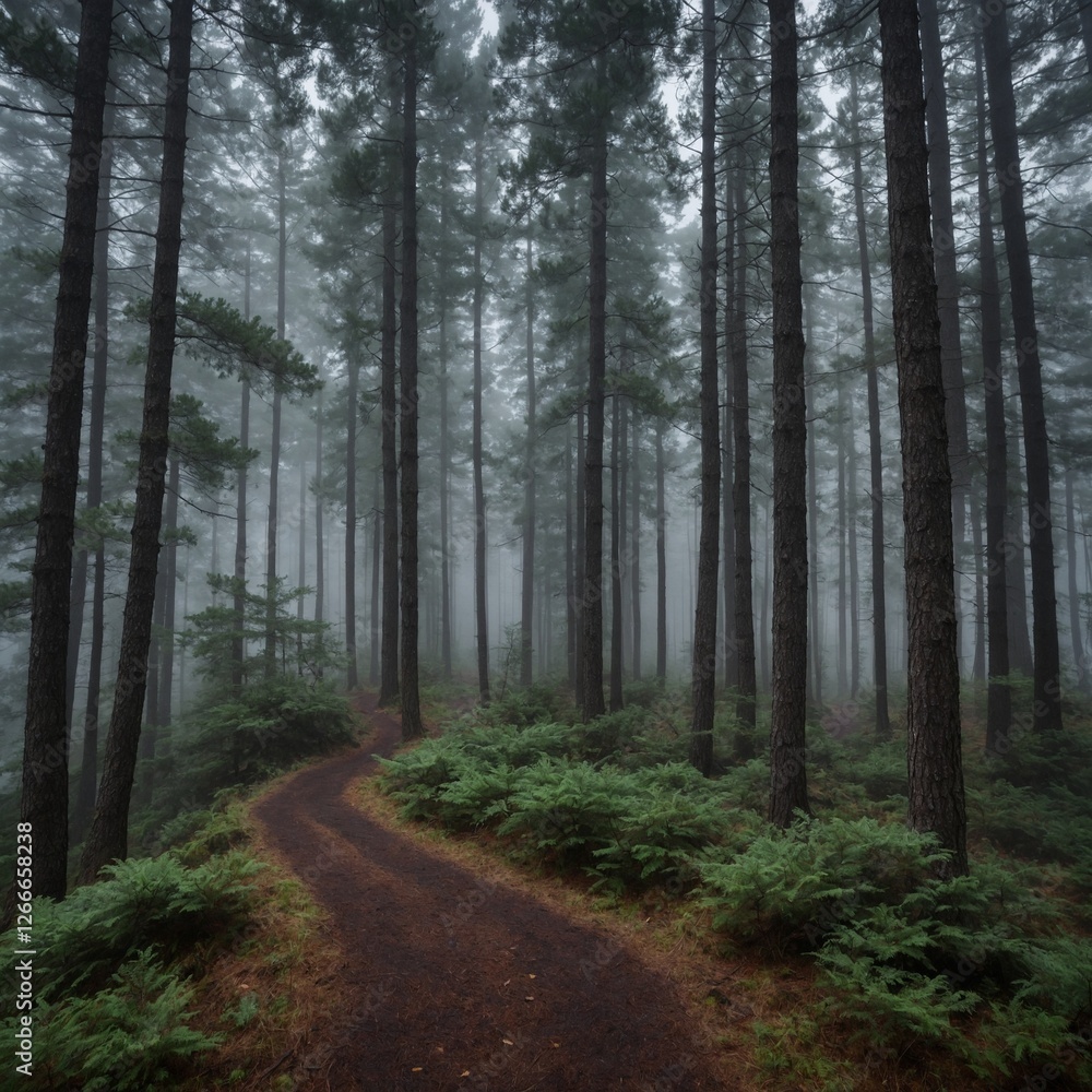 A foggy woodland with towering pines and a winding path. A foggy woodland with towering pines and a winding path.