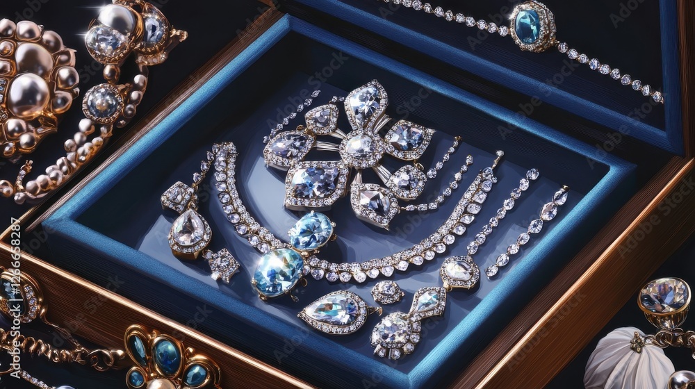 Obraz premium Exquisite Diamond And Aquamarine Jewelry In A Box