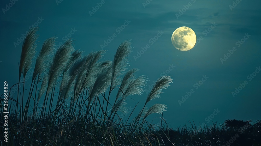Fototapeta premium Serene Night: Pampas Grass Underneath the Full Moon's Glow
