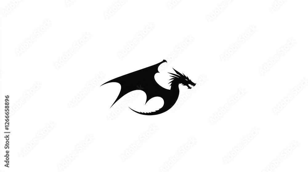 Fototapeta premium Black dragon silhouette flying, white background, fantasy, logo