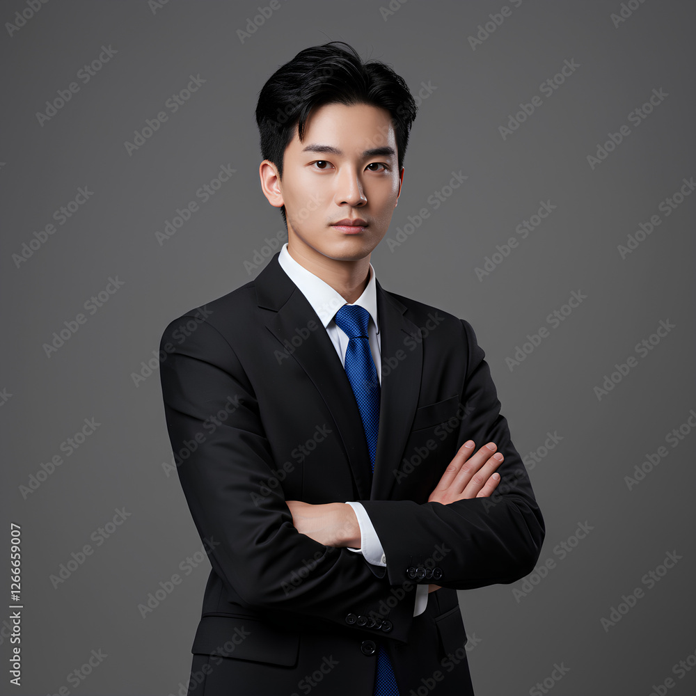 confident young man in a black suit and blue tie stands with arms crossed against a gray background. confident young man in a black suit and blue tie stands with arms crossed against a gray background.
