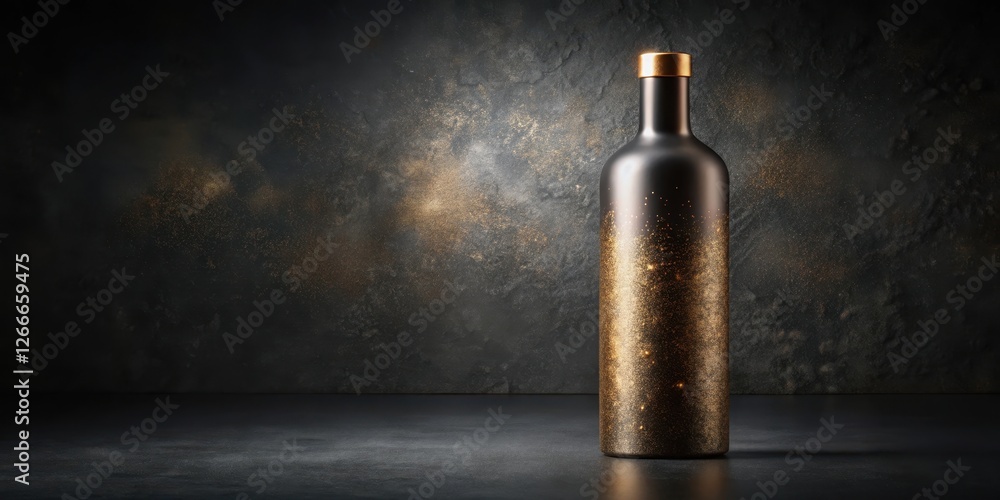 Dark Bottle on Black Matte Background with Glittering Gold Foil Accents and Luxurious Textured Finish, matte finish, black background Dark Bottle on Black Matte Background with Glittering Gold Foil Accents and Luxurious Textured Finish, matte finish, black background