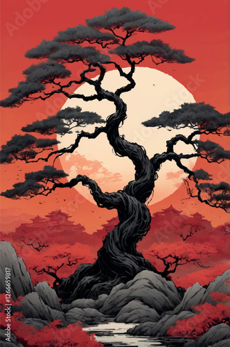 Ancient Tree at Sunset A Majestic Bonsai Against Japanese Pagodas and Crimson Sun