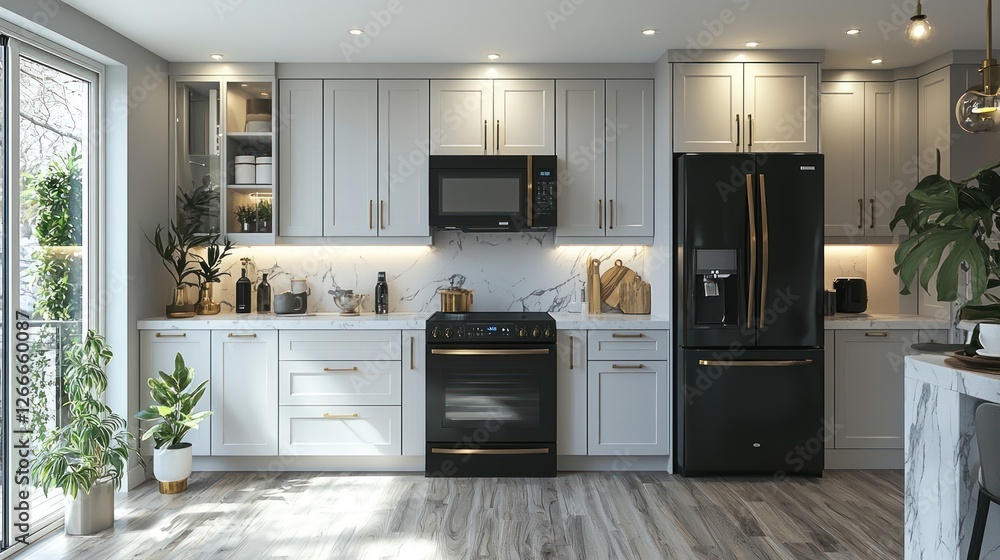 Fototapeta premium Modern Kitchen Design with Black and Gold Appliances