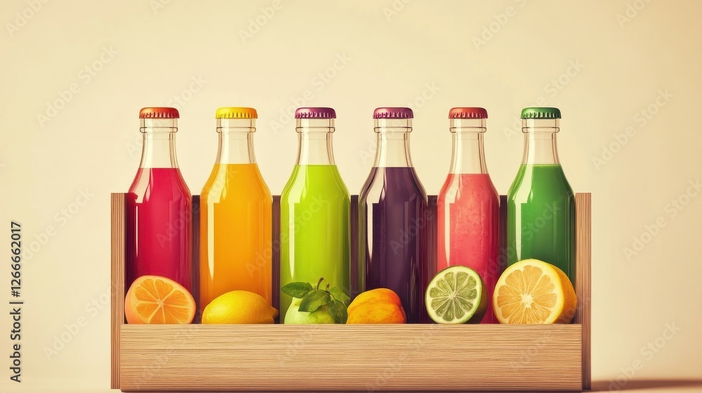 Colorful fruit juice bottles in wooden crate Colorful fruit juice bottles in wooden crate