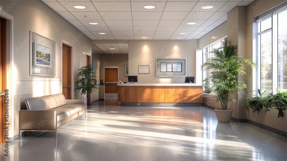 Serene Hospital Lobby: Sunlight Illuminates Modern Interior Design Serene Hospital Lobby: Sunlight Illuminates Modern Interior Design