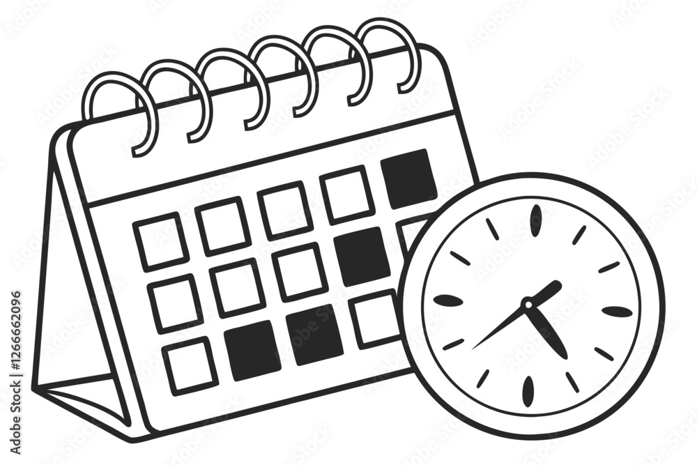 A simple, black and white line drawing of a calendar with a clock icon, representing time management. The calendar has a grid of squares, with 10 squares in each row, and a horizontal line at the t A simple, black and white line drawing of a calendar with a clock icon, representing time management. The calendar has a grid of squares, with 10 squares in each row, and a horizontal line at the t