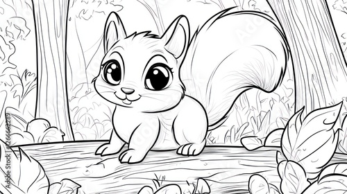 Cute Coloring Book Squirrel in Forest photo