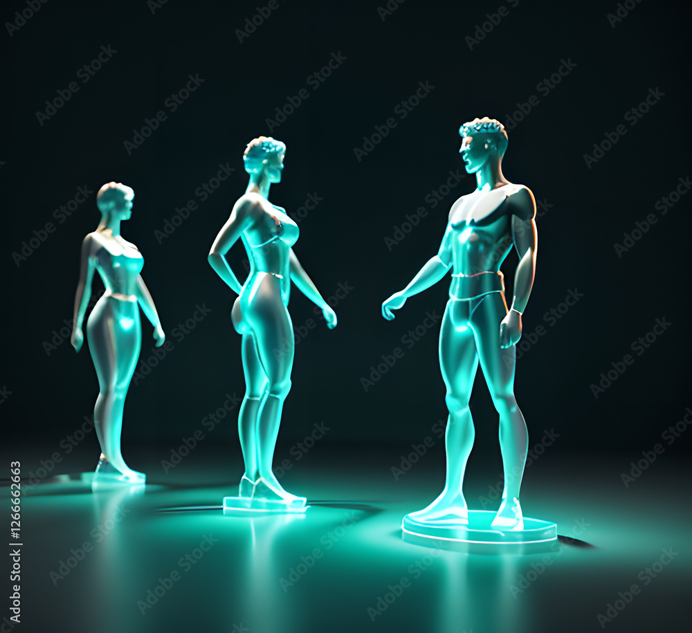 Abstract surrealistic illustration of glass statue several people standing in pose.Concept project.mindfulness and meditation.Futuristic. cyberpunk.innovation different types of poses.generative ai Abstract surrealistic illustration of glass statue several people standing in pose.Concept project.mindfulness and meditation.Futuristic. cyberpunk.innovation different types of poses.generative ai