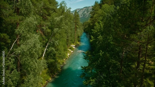 Drone high-angle photo of the turquoise-colored mountain river flowing in the pine woodland with a view of the mountain peaks in the background in Innlandet County, Norway

 photo