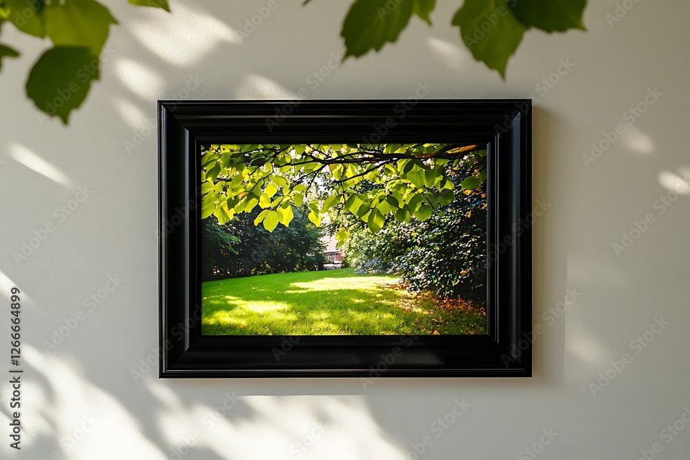Fototapeta premium empty photo frame with a black border hanging on wall