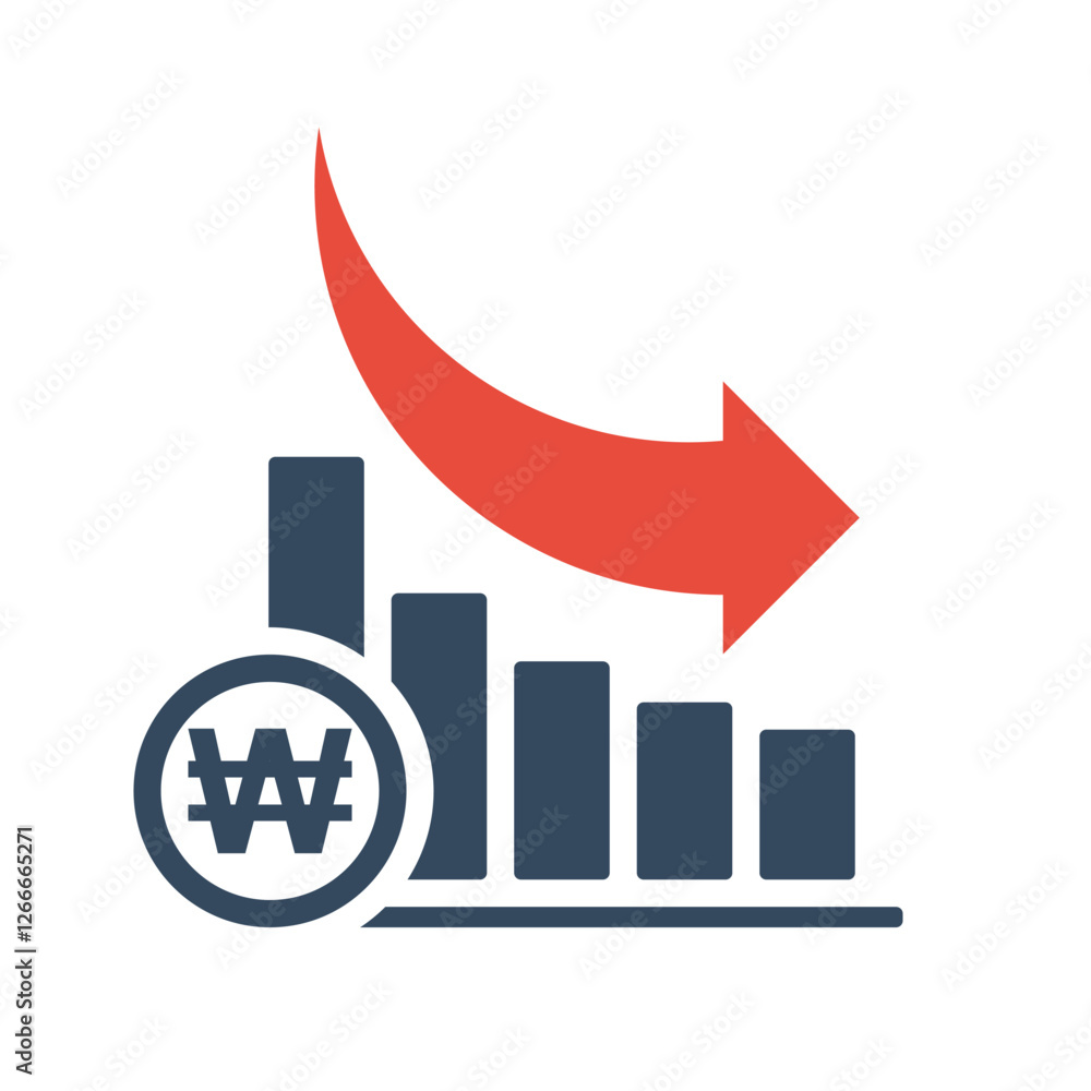 bar chart with falling exponential trend and red arrow, south korea won negative dynamic concept, south korean currency positive inflation indicator bar chart with falling exponential trend and red arrow, south korea won negative dynamic concept, south korean currency positive inflation indicator