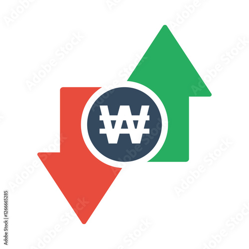 south korean won coin with green up and red down arrows, tax or inflation indicator, price or income vector icon