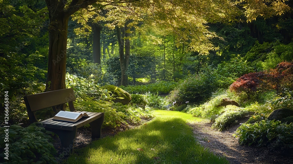 Serene Garden Path with Book on Bench in Sunlight Serene Garden Path with Book on Bench in Sunlight