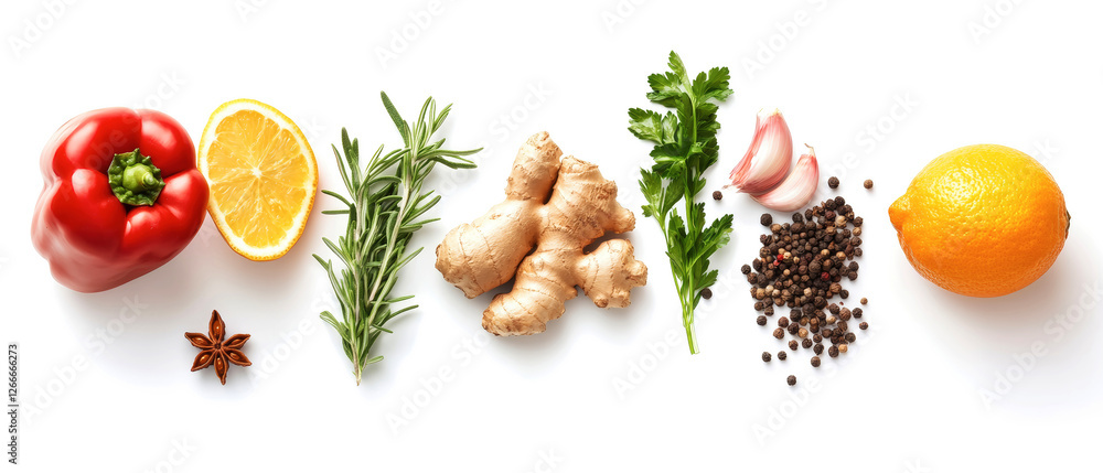 Vibrant vegetables and herbs arranged with spices for culinary creativity and flavor inspiration Vibrant vegetables and herbs arranged with spices for culinary creativity and flavor inspiration