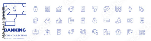 Banking icons collection. Thin Line icons, editable stroke. atm, bank, banking, burden, calculator, card payment, cash machine, cashless payment, check, money