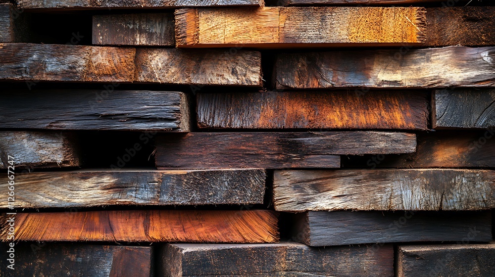 Background of old wooden planks stacked in a pile. Industrial background Background of old wooden planks stacked in a pile. Industrial background