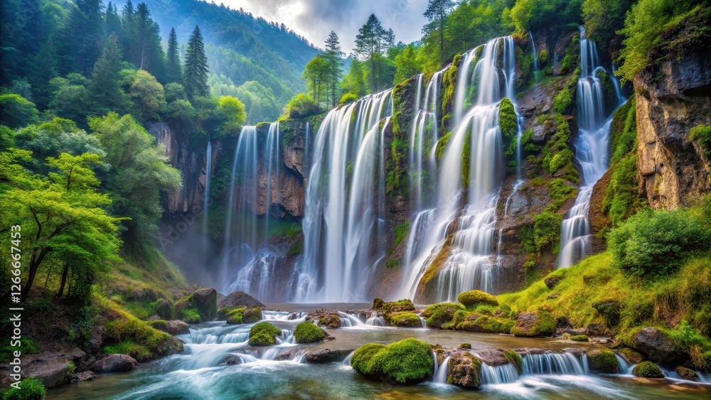 Naklejka premium Stunning waterfall cascading down a rocky cliffside surrounded by lush greenery and towering trees in a serene natural setting, scenic views, Sichuan