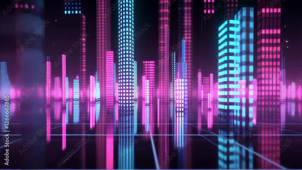 Vibrant futuristic cityscape with glowing skyscrapers in pink and blue hues, reflecting in a digital grid Vibrant futuristic cityscape with glowing skyscrapers in pink and blue hues, reflecting in a digital grid