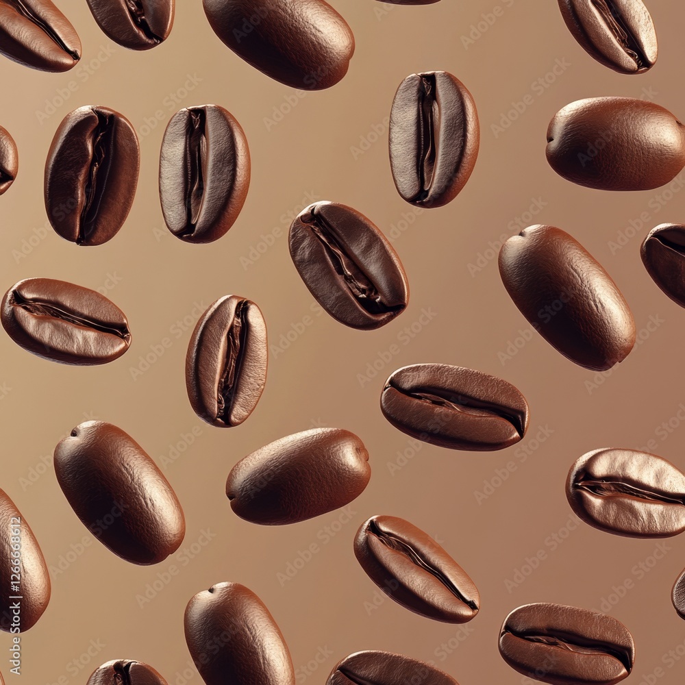 Coffee Beans Floating on Smooth Brown Background in Artistic Arrangement Coffee Beans Floating on Smooth Brown Background in Artistic Arrangement