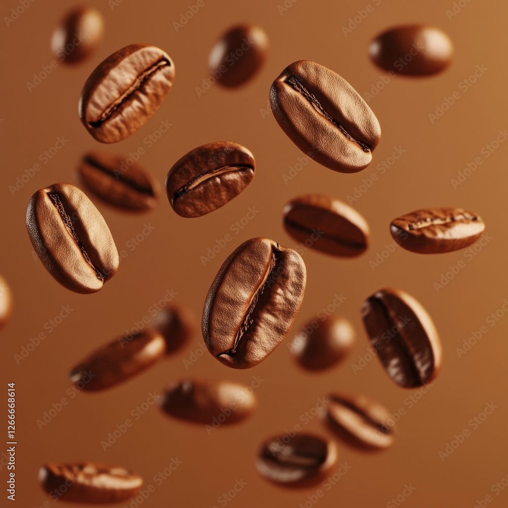 Floating Coffee Beans Over a Warm Brown Background in a 3D Scene Floating Coffee Beans Over a Warm Brown Background in a 3D Scene