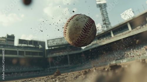 Baseball bouncing on dirt field in stadium with crowd watching