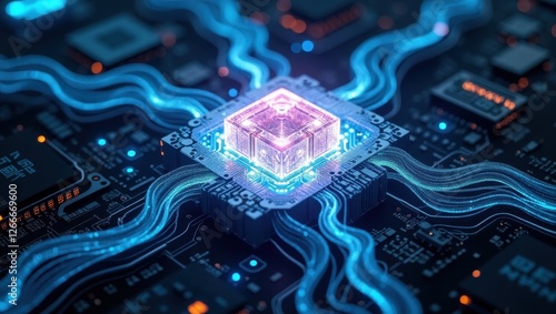 Visual representation of agentic AI technology showcases advanced circuit design with glowing elements in a futuristic setup emphasizing connectivity and innovation