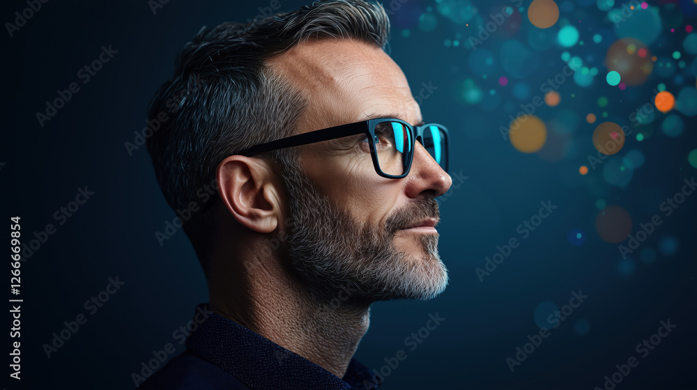 Obraz premium Professional wearing glasses in dark with bokeh. Technology leadership concept