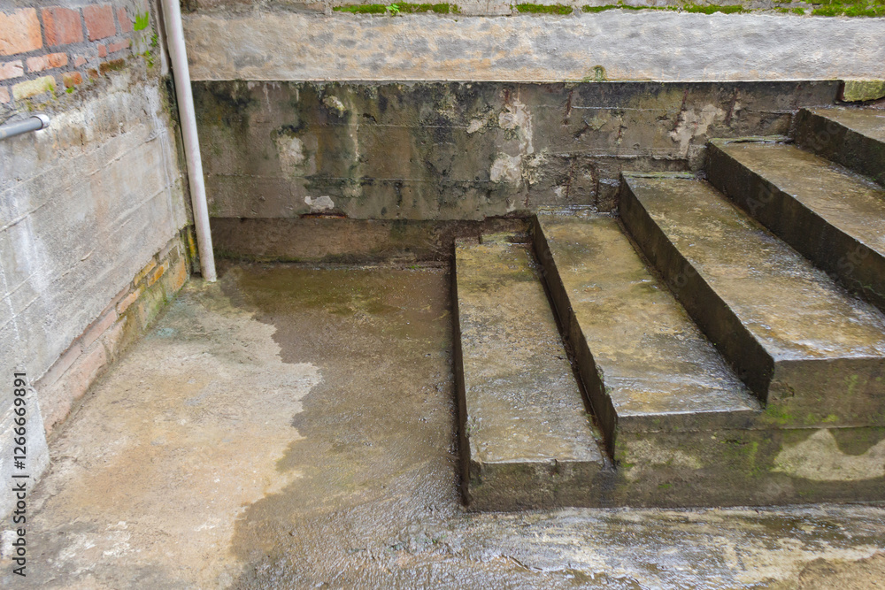 Old Abandoned Concrete Staircase Buildings and Wet Damaged After Rain. Old Abandoned Concrete Staircase Buildings and Wet Damaged After Rain.