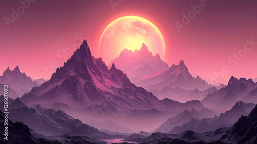 Pink moon over majestic mountains