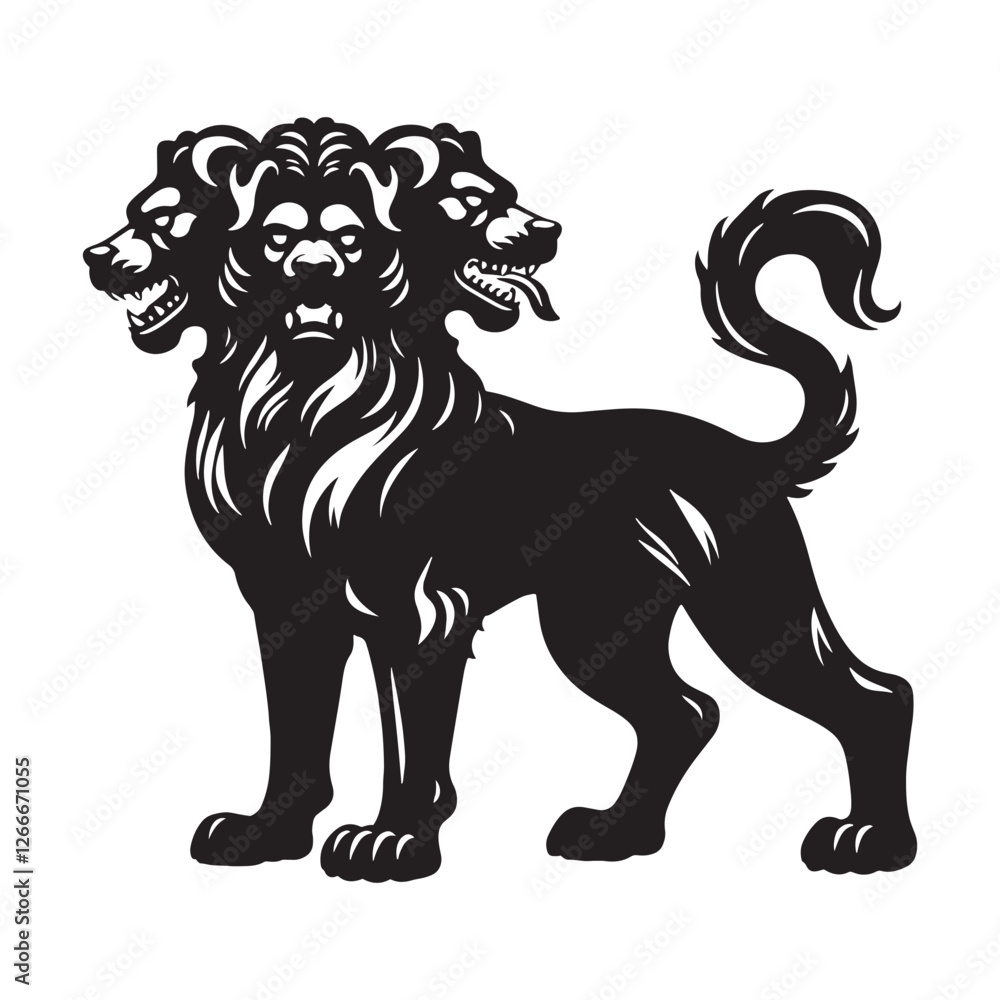 Obraz premium Three-headed monster Cerberus silhouette with a fearsome stance - Cerberus illustration - Cerberus vector - mythical creature silhouette 