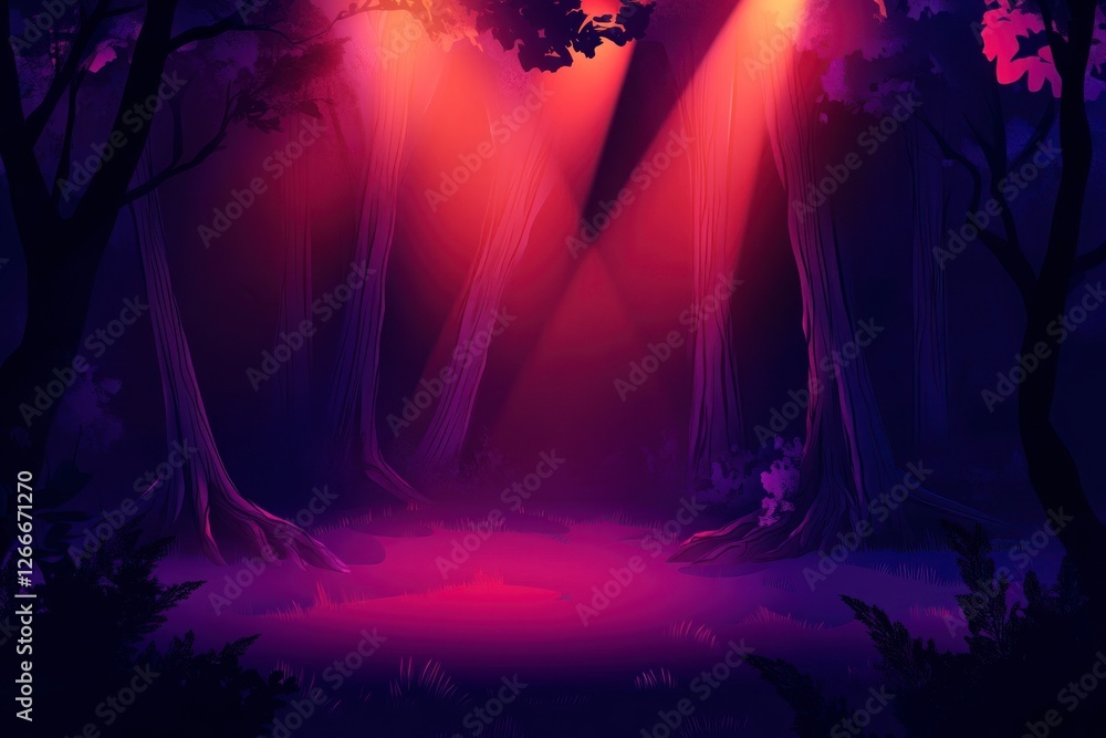 Fototapeta premium The stage is illuminated by red and purple spotlights, creating an atmosphere of mystery. The background features a dark gradient with soft lighting that adds depth to the scene.