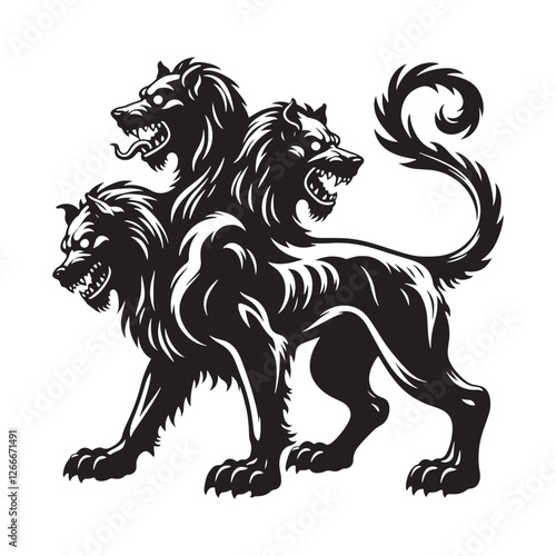 Terrifying Cerberus silhouette representing an ancient mythological guardian - Cerberus illustration - Cerberus vector - mythical creature silhouette
