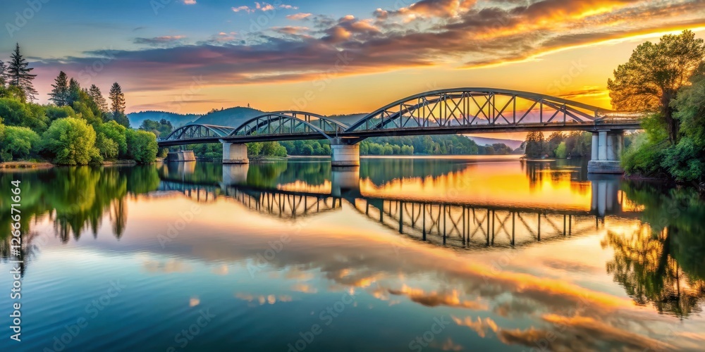 Naklejka premium Bridge over the serene Willamette River in Corvallis at sunset, with trees and hills reflected in the calm waters , nature photography , peaceful atmosphere
