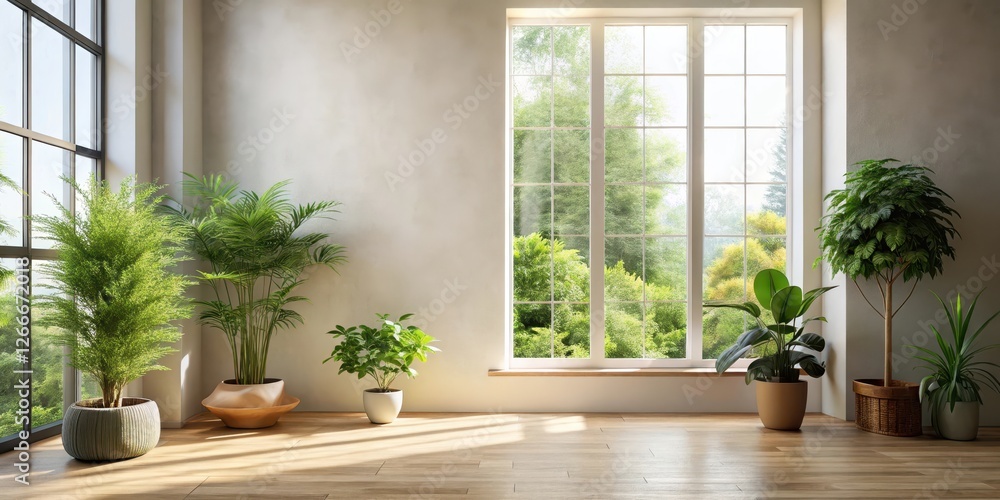 Sunlight streams through large window illuminating a room with potted plants on hardwood floor Sunlight streams through large window illuminating a room with potted plants on hardwood floor